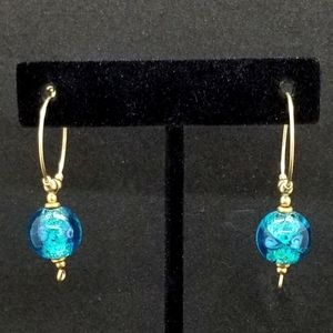 Gold-tone teal fused glass hoop earrings